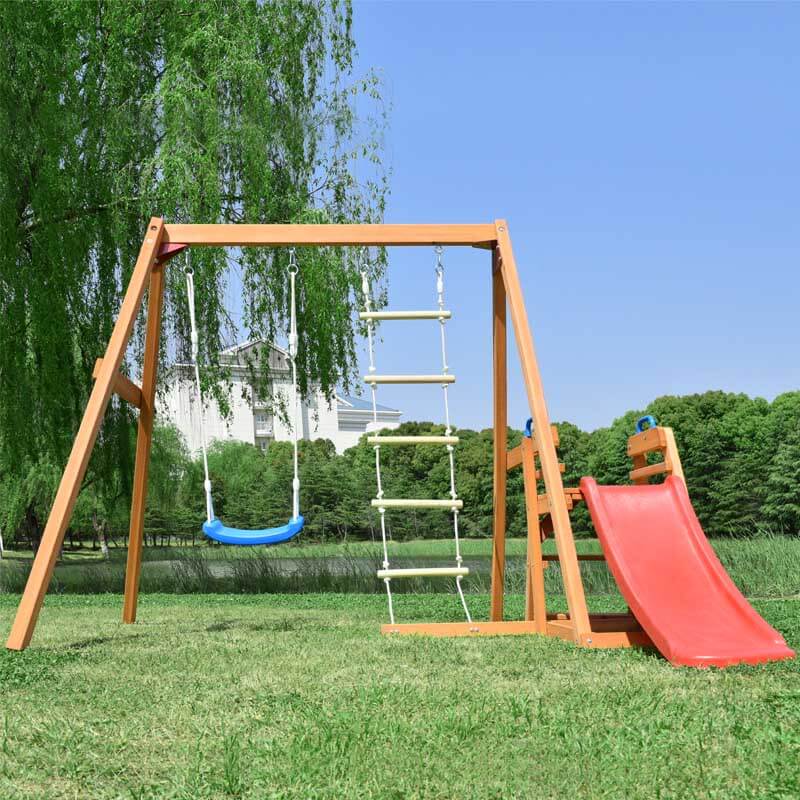 Wooden Swing Set with Slide